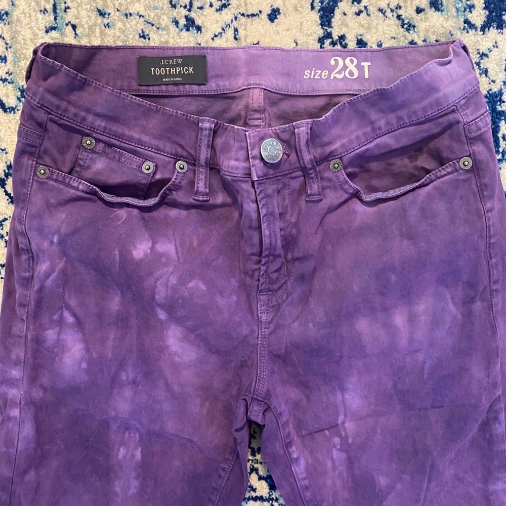 Purple tie dyed J Crew straight leg chinos